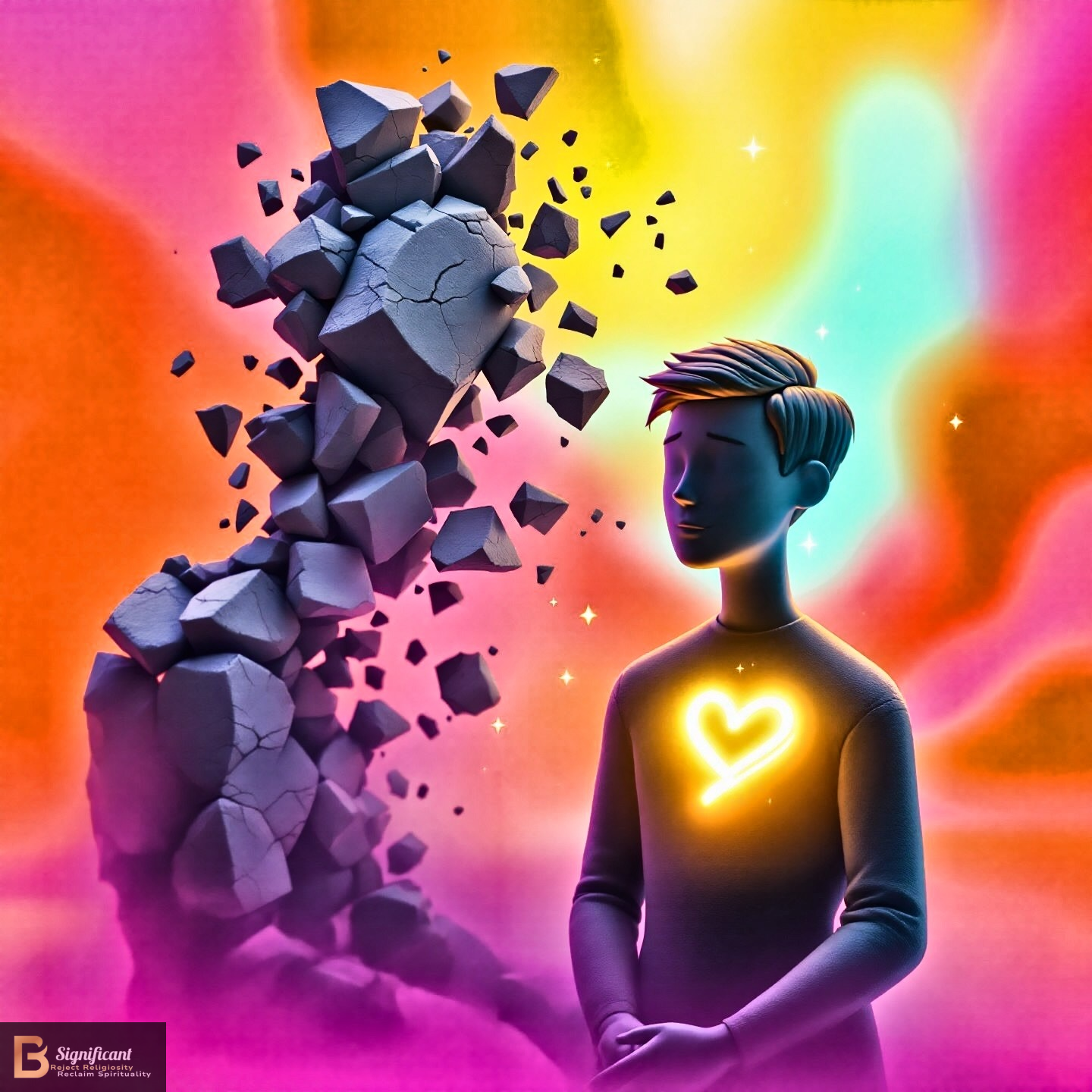 Figure with glowing heart as a crumbling wall of stone breaks away behind them